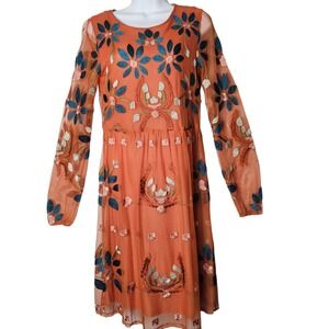 Philosophy S Embroidered Mesh Floral Dress Terracotta Boho Romantic Sheer Sleeve
